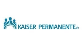 Kaiser Permanente logo featuring three blue abstract human figures above rays resembling a rising sun, with the words "Kaiser Permanente" to the right in blue text.
