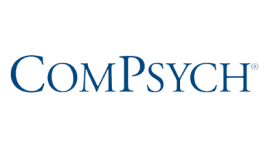 The image shows the ComPsych logo, featuring the word "ComPsych" in navy blue, with a larger capital "P" in the middle, and a registered trademark symbol in the upper right.