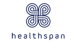 A blue geometric logo above the word "healthspan" in lowercase letters. The logo consists of four interlocking loops forming a symmetrical pattern.