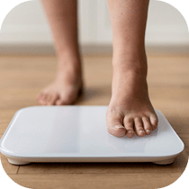 A close-up of a child's bare feet stepping onto a white digital weighing scale on a wooden floor.