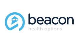 Beacon Health Options logo featuring a blue circular emblem with a lighthouse inside, followed by the words “beacon” in bold dark text and “health options” in light gray text below.