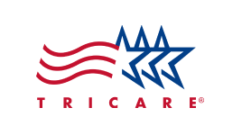 TRICARE logo featuring three blue outlined stars and three red wavy lines, with the word "TRICARE" in red capital letters below.