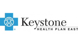 Logo of Keystone Health Plan East with a blue cross containing a circular design on the left, and the text "Keystone Health Plan East" to the right of the cross.