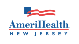 AmeriHealth New Jersey logo featuring a blue square with red wavy lines above the words "AmeriHealth NEW JERSEY" in blue and red text on a white background.