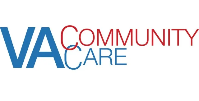 The image displays the logo for "VA Community Care" with "VA" and "CARE" in bold blue letters and "COMMUNITY" in red uppercase letters above "CARE.