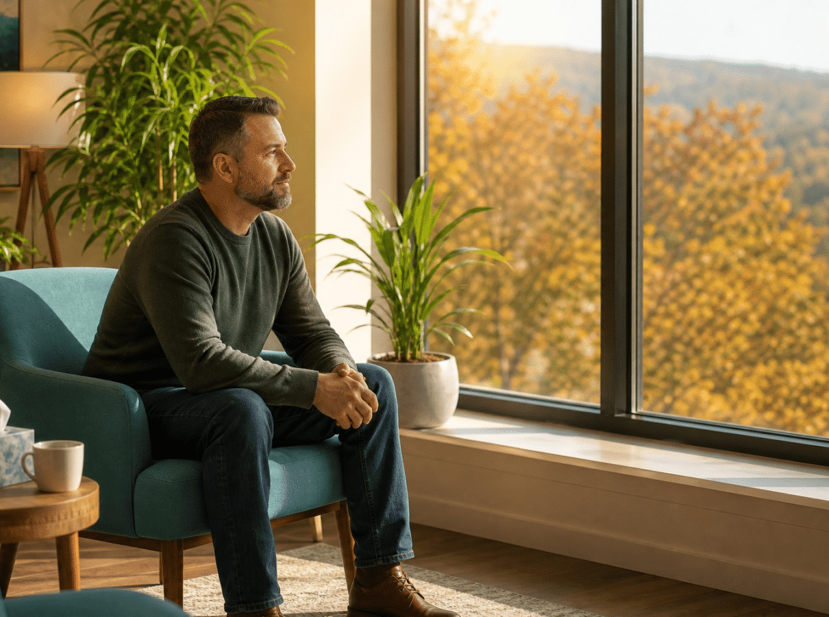 A man looking out a sunlit window during depression treatment at Provive Wellness in Scranton PA, serving Lackawanna County and Northeastern Pennsylvania