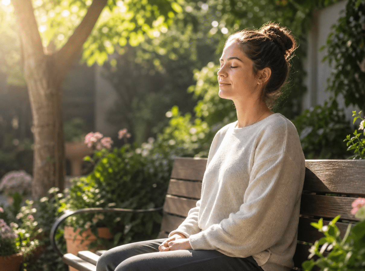 A person practicing mindfulness outdoors in a peaceful garden setting during anxiety treatment at Provive Wellness in Wayne, Pennsylvania