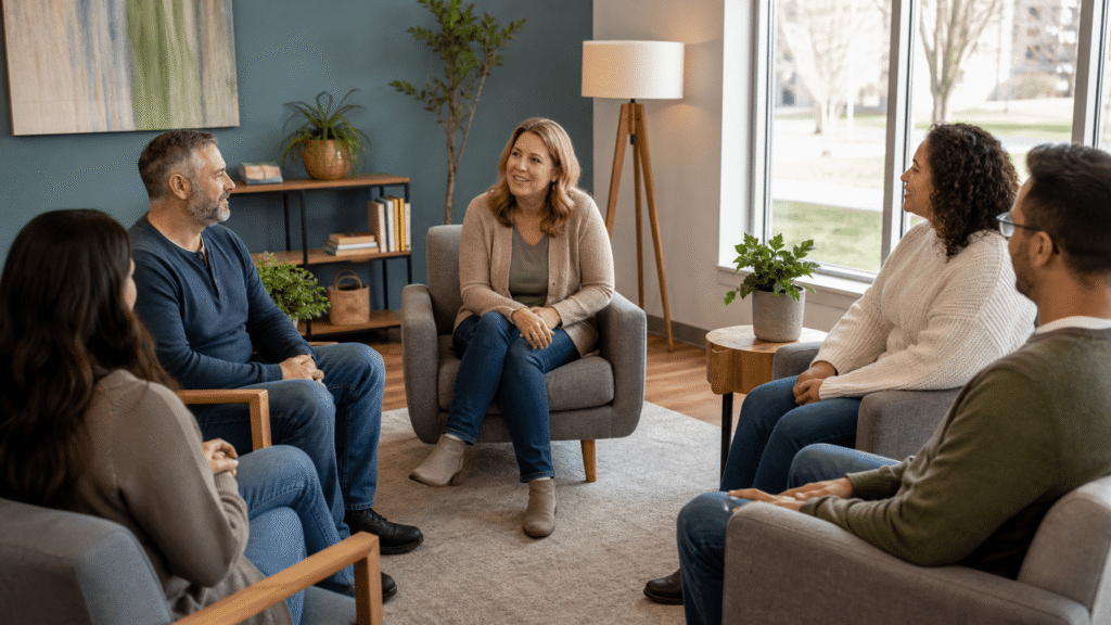 Adults in a group therapy session at an intensive outpatient program in Wayne, Pennsylvania