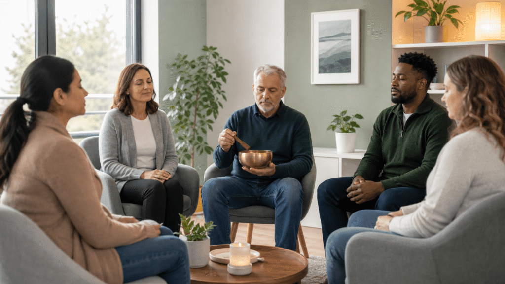 A group of five people sit in a circle with their eyes closed, meditating. One person strikes a singing bowl. Surrounded by plants, a candle, and soft lighting, the cozy room radiates tranquility—a reminder that mental health matters.