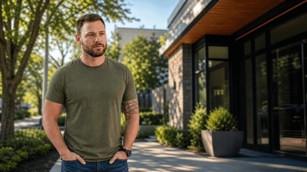 A veteran stands outside Provive Wellness in Wayne PA, a VA Community Care Network provider offering mental health and addiction treatment on the Philadelphia Main Line