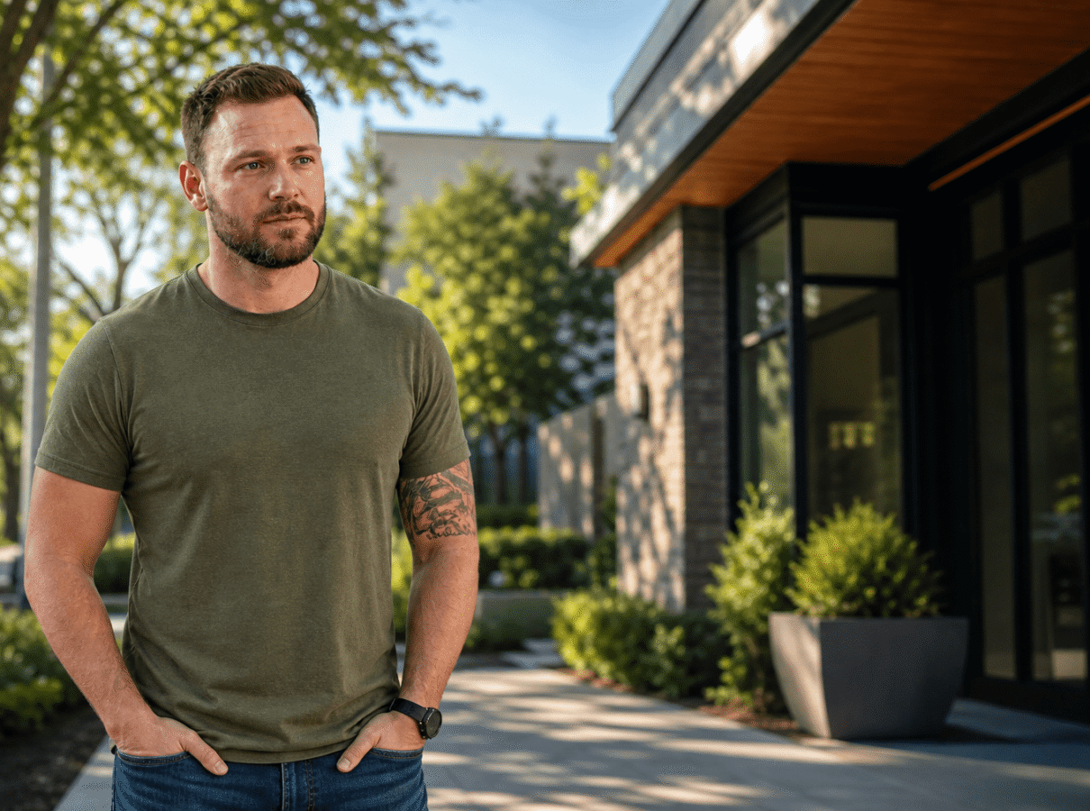 A veteran stands outside Provive Wellness in Wayne PA, a VA Community Care Network provider offering mental health and addiction treatment on the Philadelphia Main Line