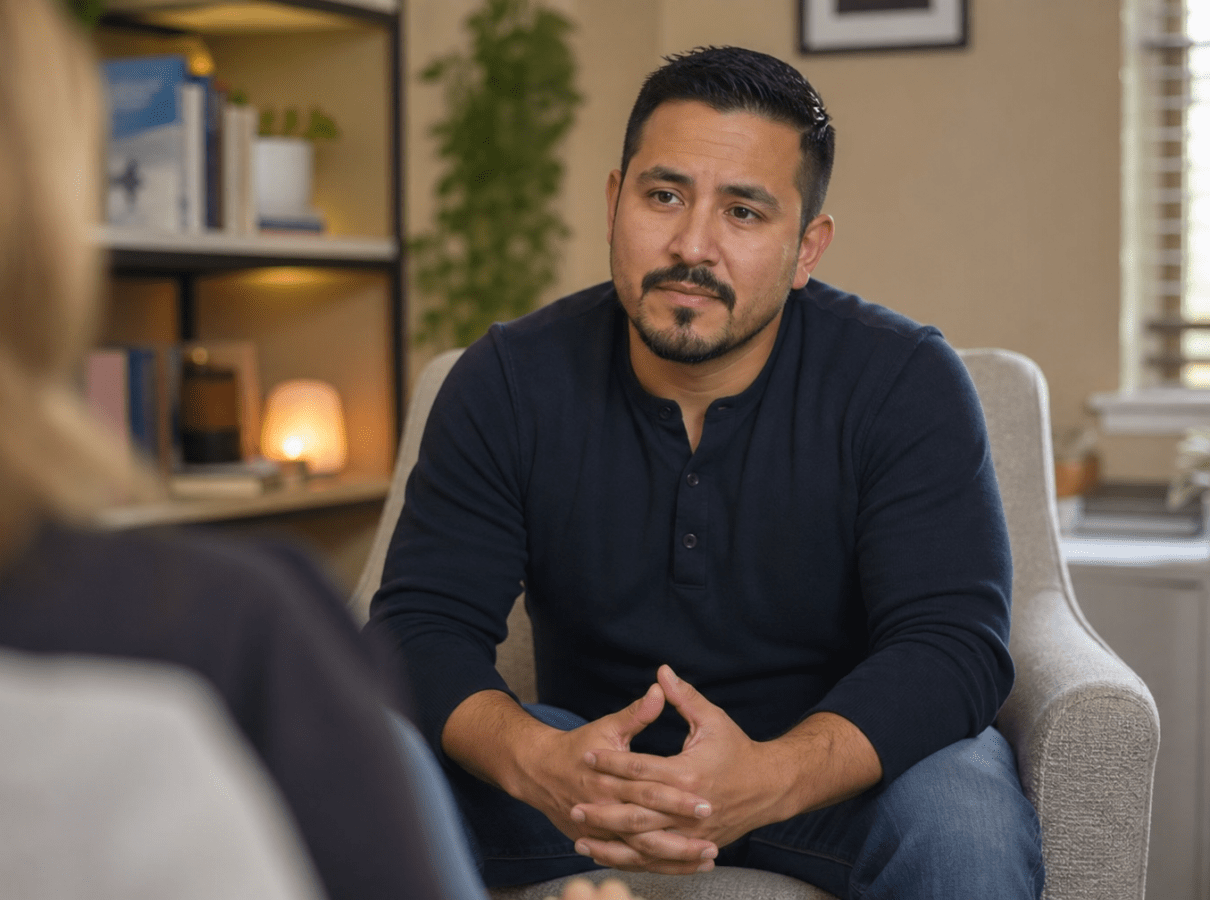 Hispanic male first responder in civilian clothes speaking with a therapist at Provive Wellness in Scranton, PA