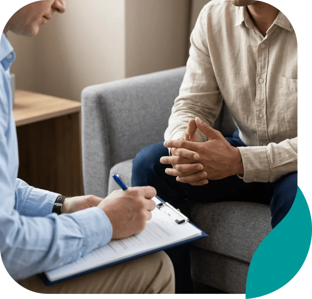 Client with clasped hands during a counseling session as the therapist takes notes