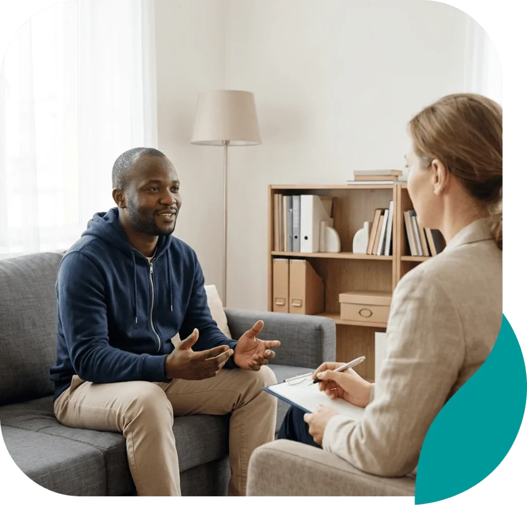 Smiling man talking with a therapist during a counseling session