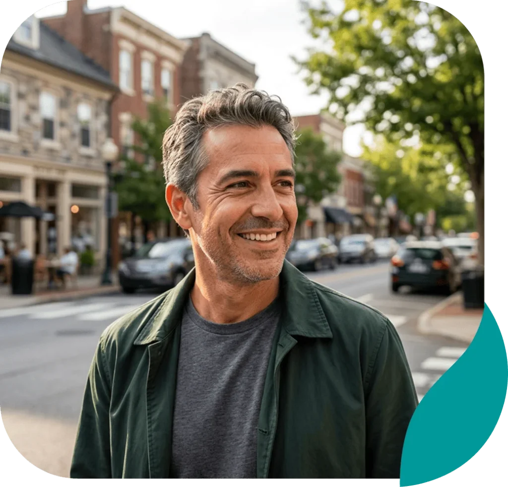 Smiling middle-aged man standing on a sunny town street