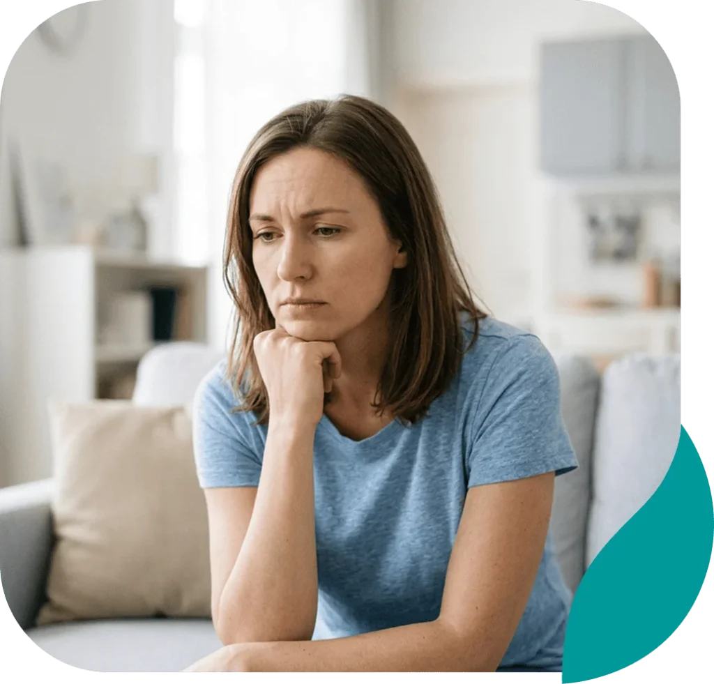 Worried woman on a sofa resting her chin on her hand