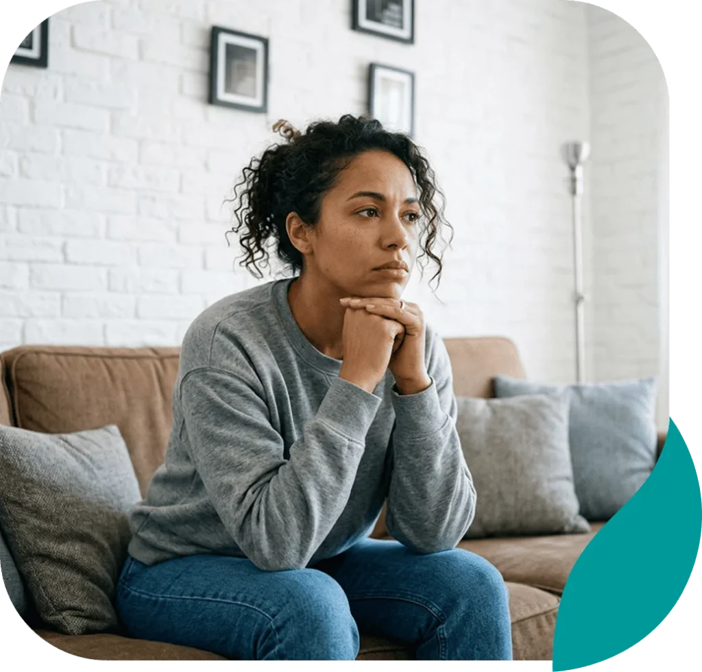 Worried woman sitting on a sofa with her chin resting on her clasped hands